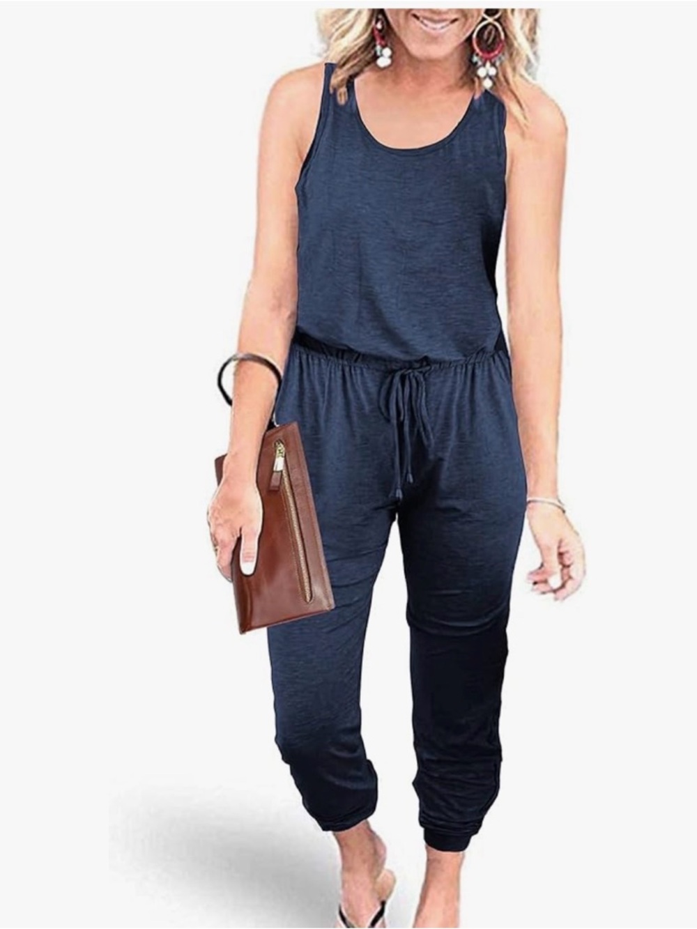 Sleeveless Tan Drawstring Casual Jumpsuit